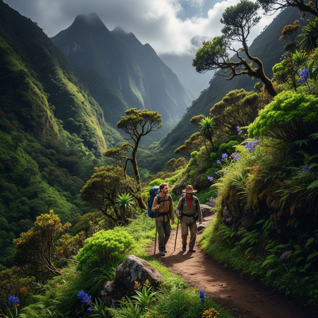 A hiker and a local guide walk along a narrow trail through a lush green mountain landscape.