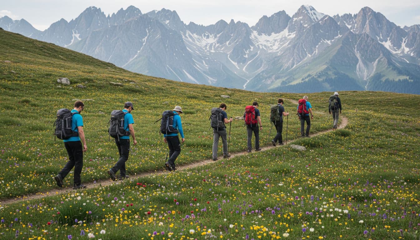Six hikers walk single file on narrow trail through wildflower alpine meadow with distant peaks.