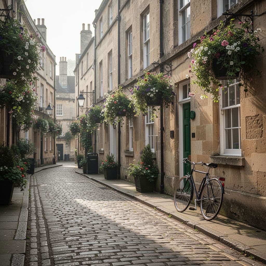 A peaceful historic street in Bath features lush hanging baskets and a bicycle parked against stone buildings.