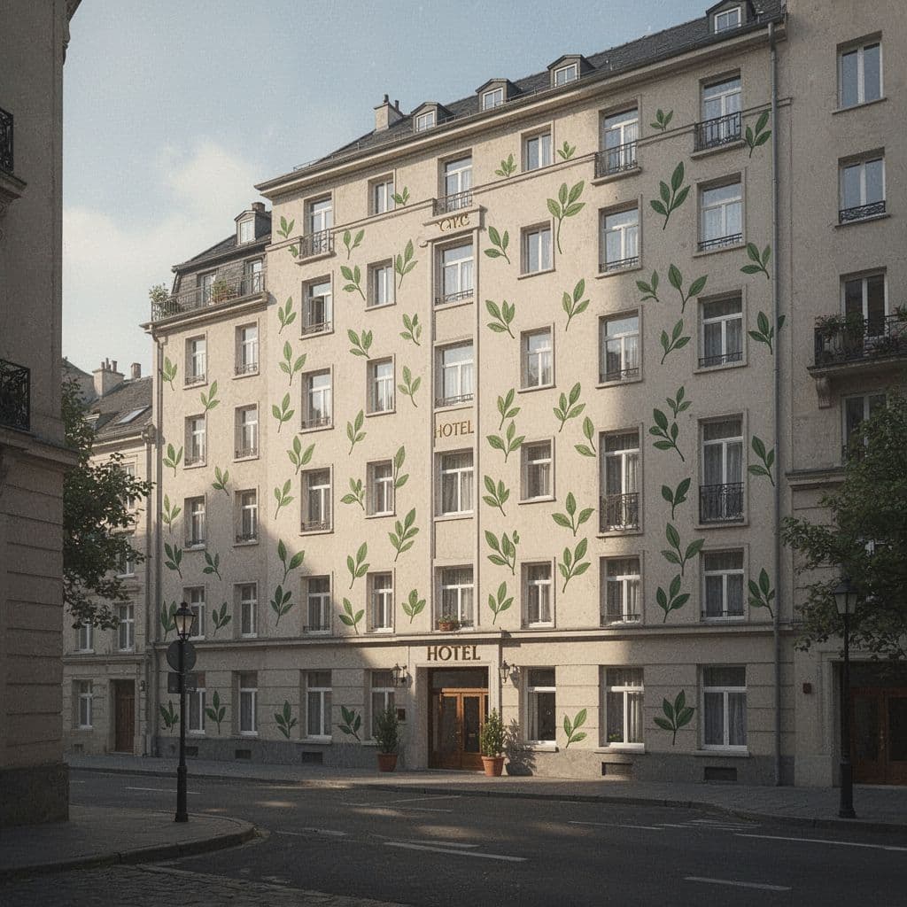 A minimalist building exterior adorned with artificial green leaf signs under high-contrast natural lighting.