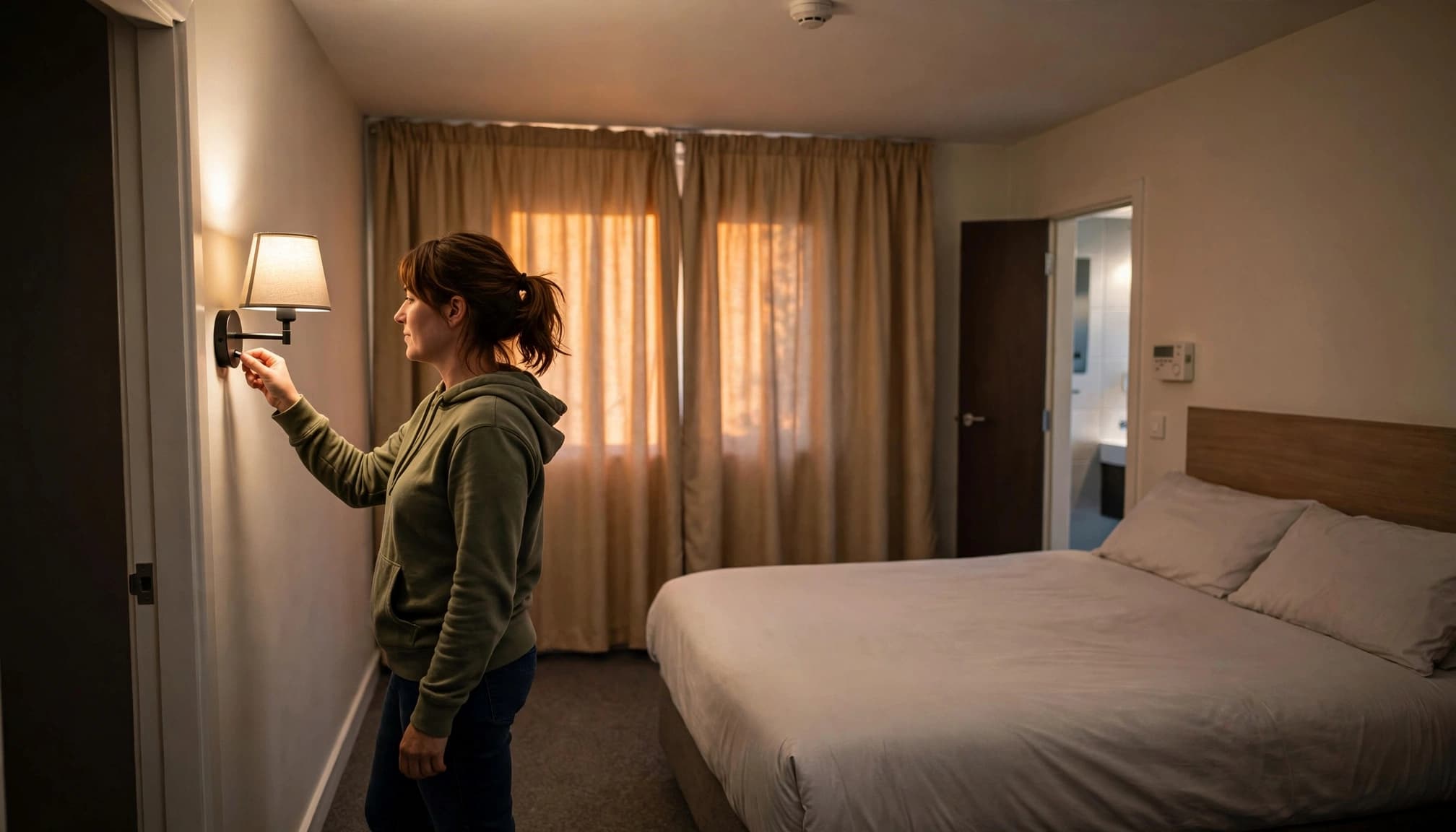Hotel guest switches off a lamp in a tidy room with closed curtains.