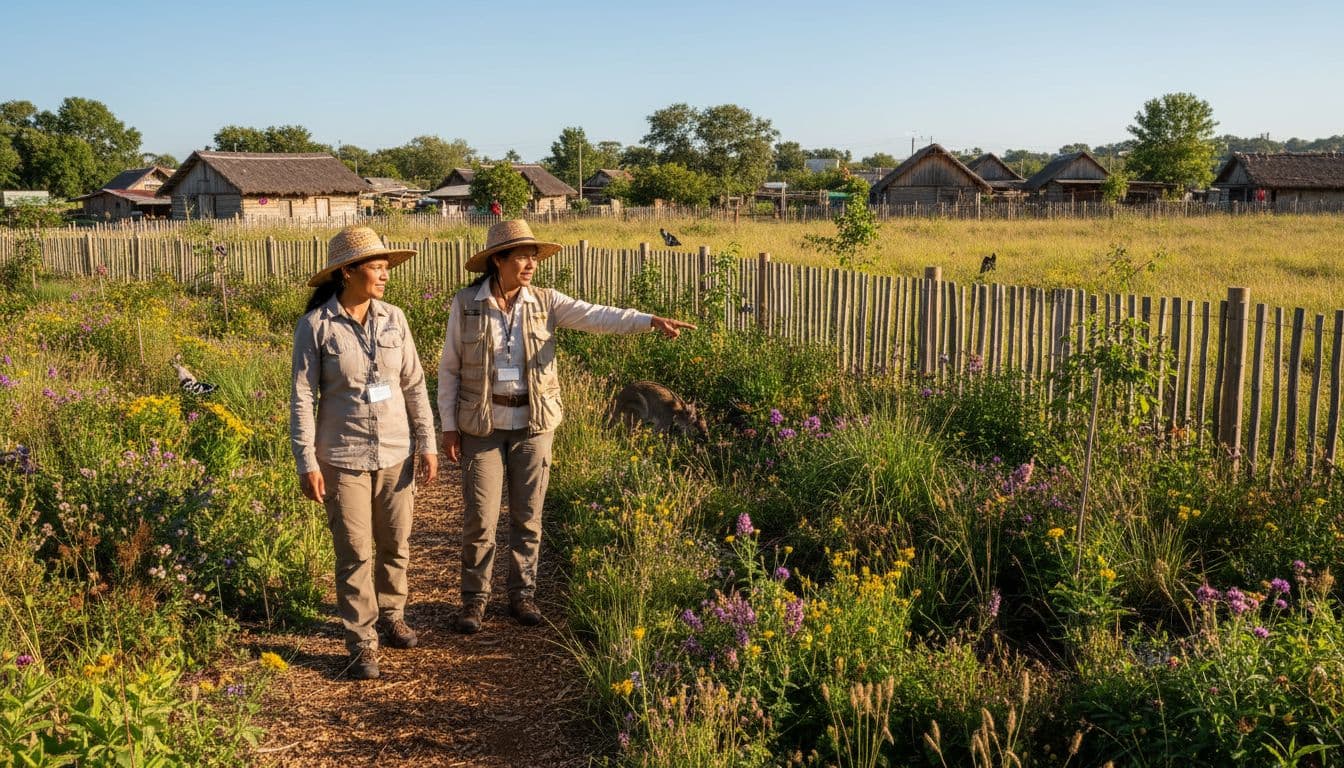 Local indigenous guide and two travelers walk restored habitat trail with native plants, wildlife fencing, and nearby village.