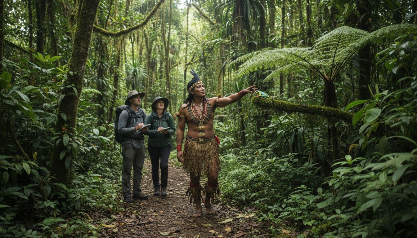 Indigenous guide in traditional attire leads two travelers along forest trail, pointing to native plants and animals in lush rainforest.