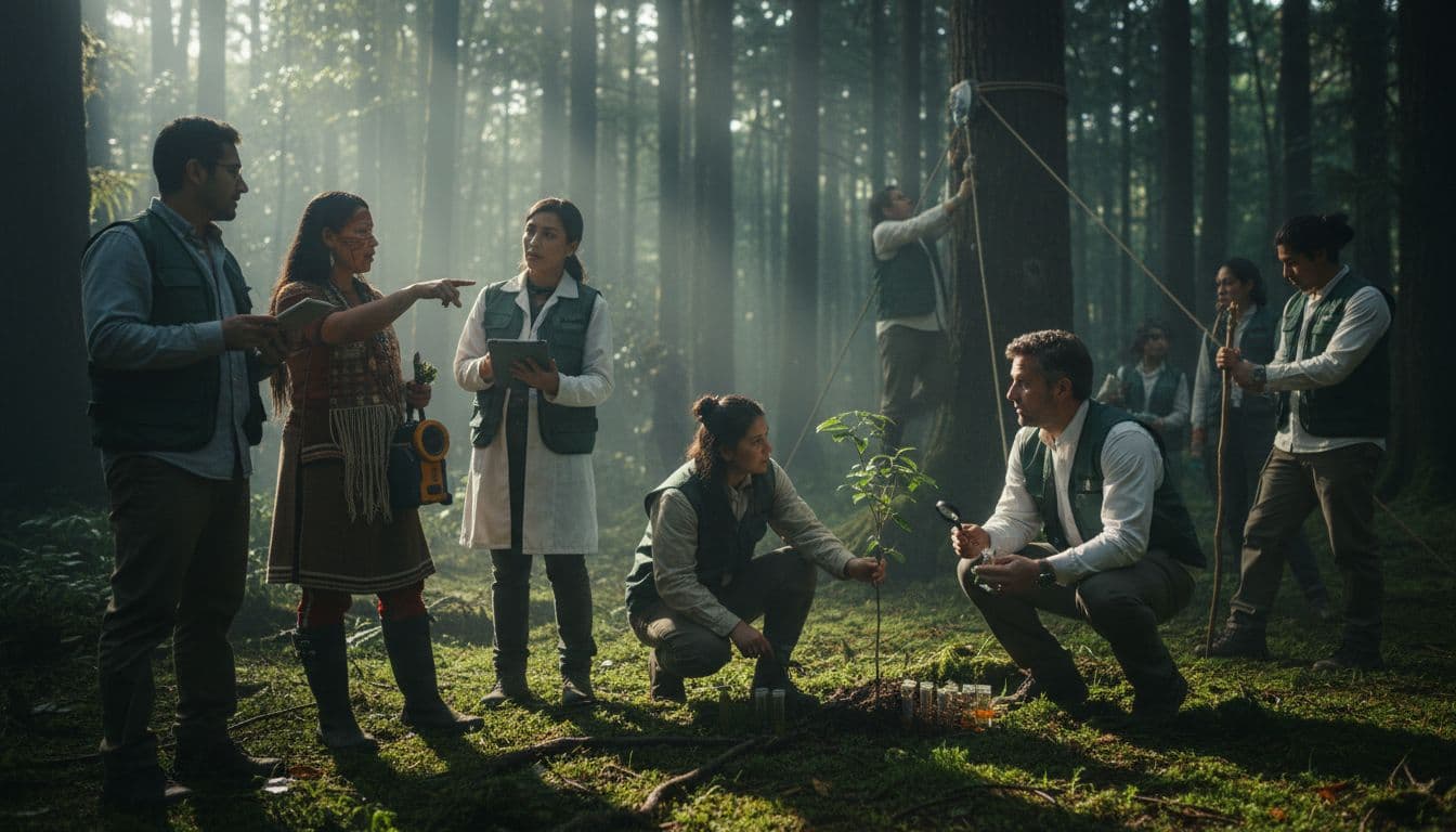Diverse Indigenous people and scientists work together in a forest.