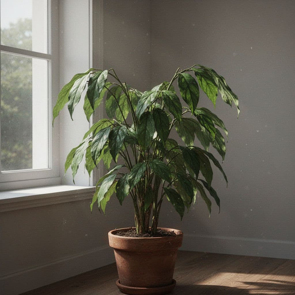 A potted indoor plant with drooping leaves sits in soft light near a window.
