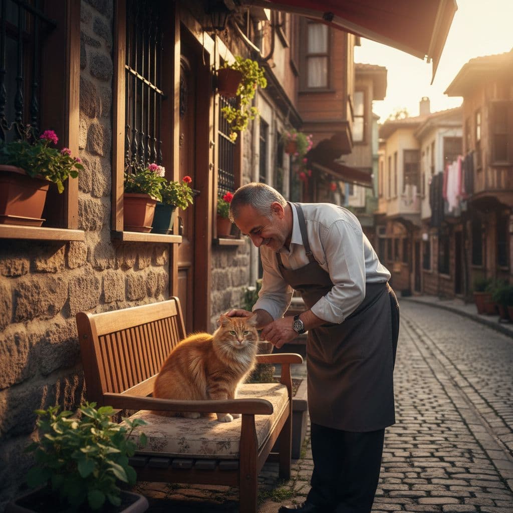 Shopkeeper gently pets a healthy cat on a wooden bench outside a traditional Istanbul storefront.
