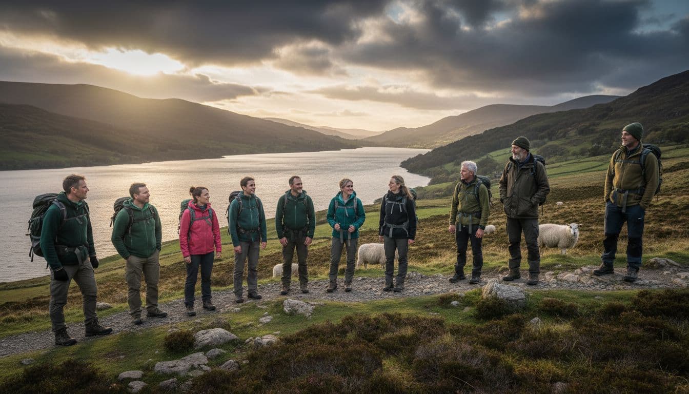 Diverse group of nine walks coastal cliff path in Lake District with green hills, lake, sheep, and dramatic clouds.