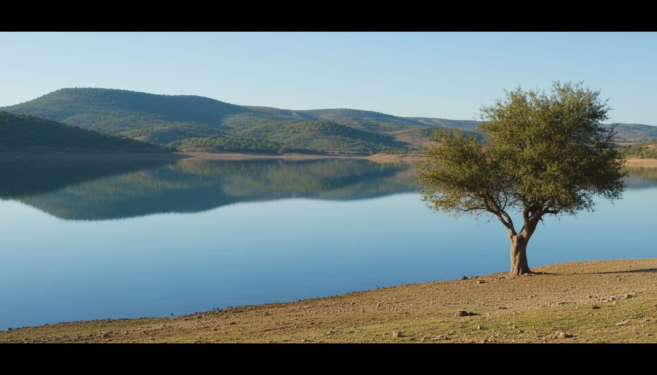 Calm reflective blue waters surround green hills, sparse vegetation, and a single shoreline tree in soft morning light.