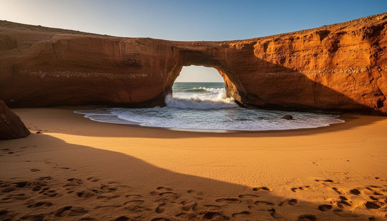 Red sandstone arches at Legzira Beach frame Atlantic Ocean waves crashing through during golden hour.