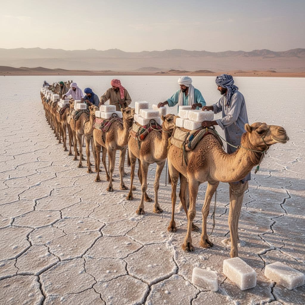 Local workers load rectangular salt blocks onto camels standing across a vast cracked salt pan.