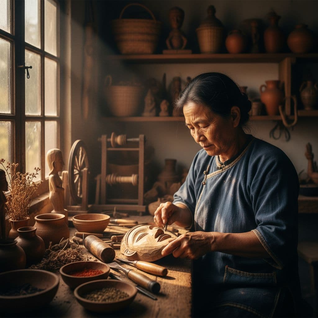 A focused artisan works on traditional crafts inside a sunlit workshop filled with textured materials.