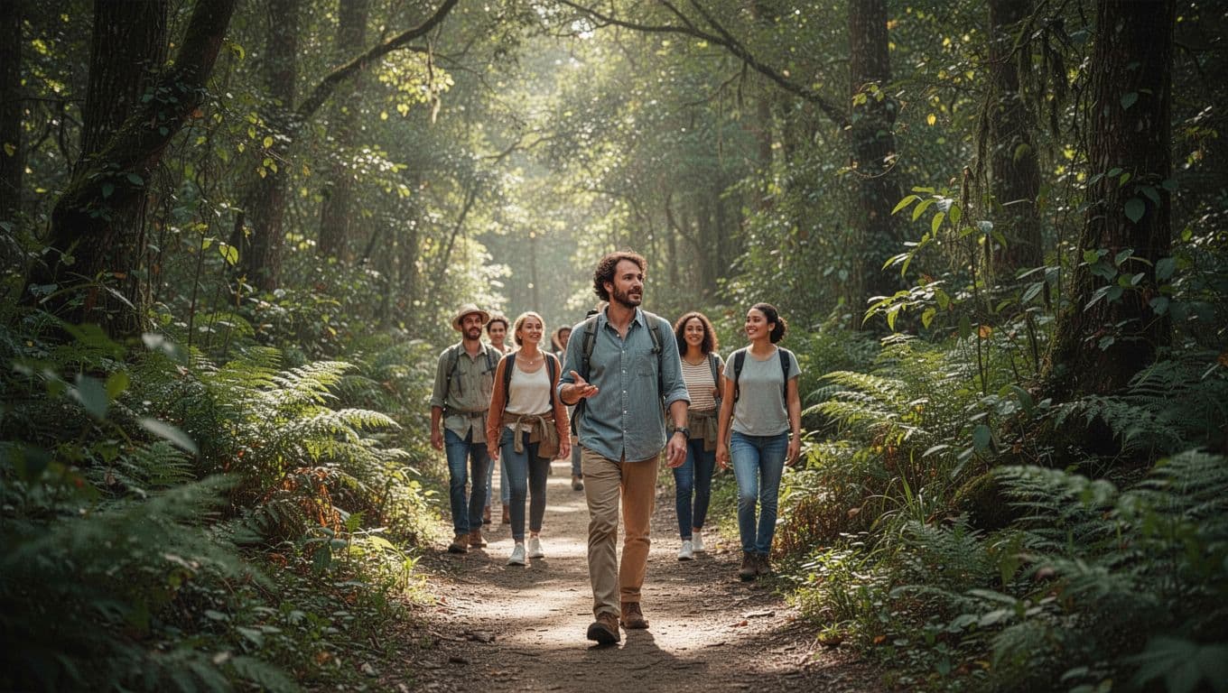 A local guide leads a small group of visitors along a serene forest trail.