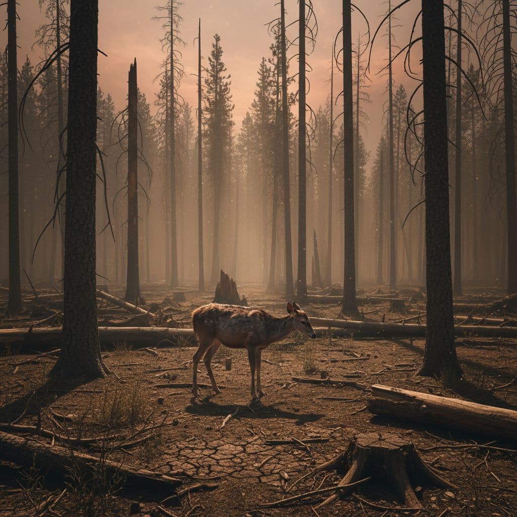 A deer stands in a forest with thinning trees under dramatic lighting.