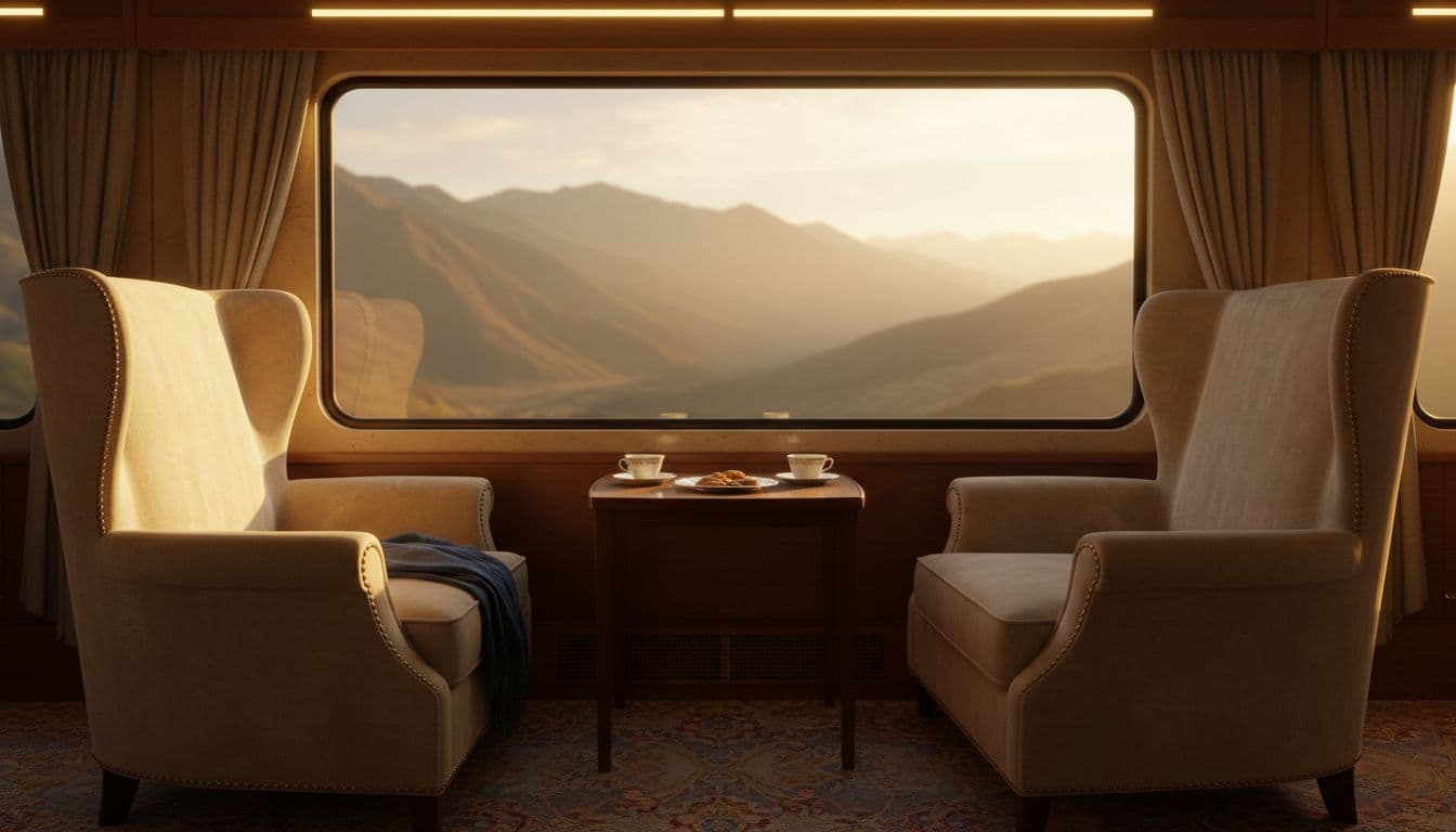 A plush train seat faces a large window overlooking a scenic mountain landscape during golden hour.
