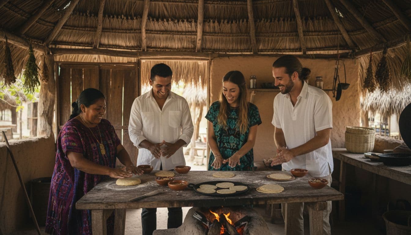 Mayan family members guide two tourists making tortillas in thatched hut kitchen.