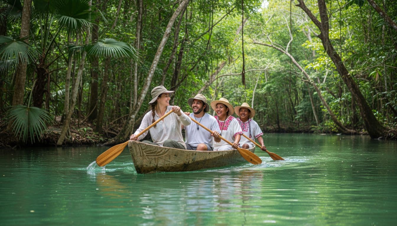 Two tourists and two Mayan locals in traditional clothing paddle a wooden canoe on a calm jungle river with lush green shores.