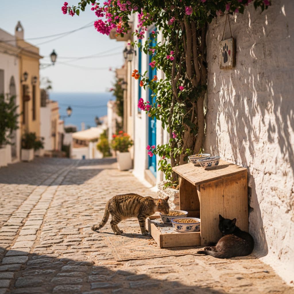 Clean Mediterranean city street with tidy feeding station for street cats against sunlit wall.