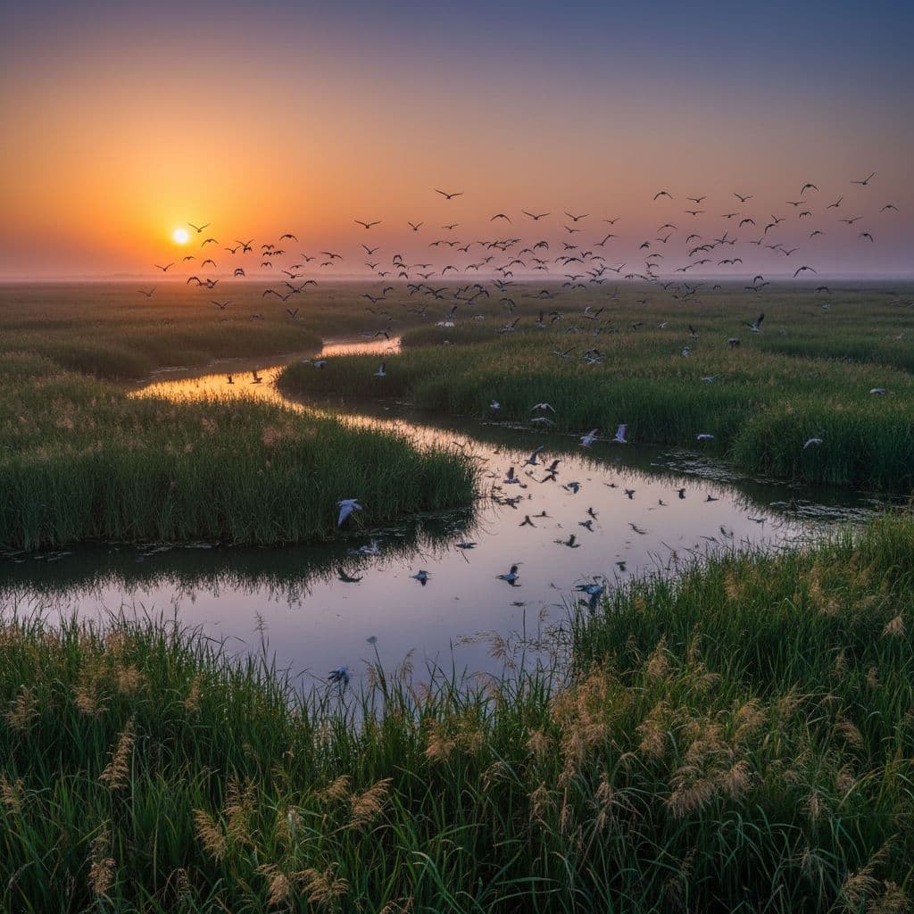 Lush green reeds border calm waterways reflecting sunrise sky, birds taking flight.
