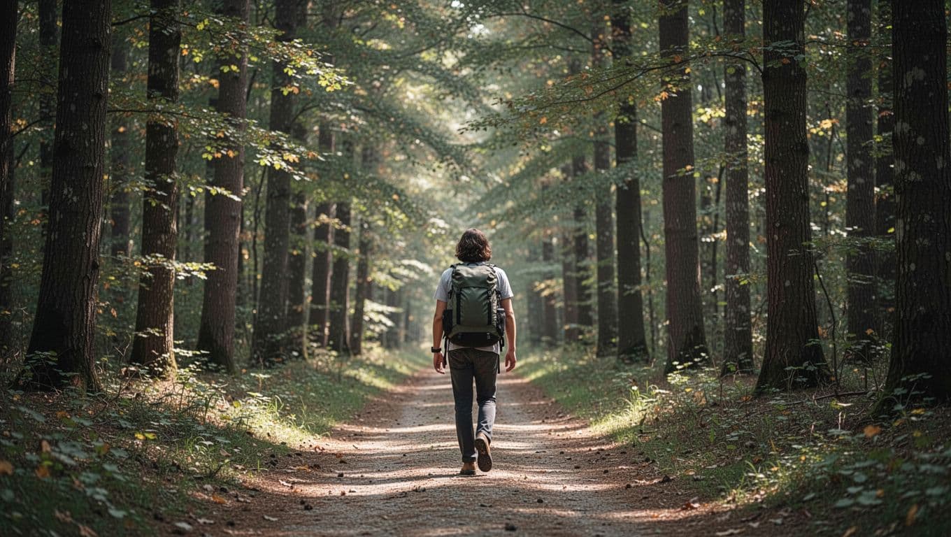 A person with a backpack walks slowly along a quiet, tree-lined forest trail.