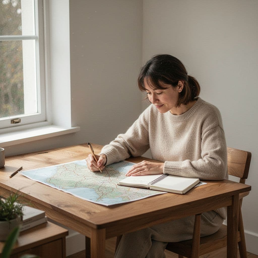 A person sits at a wooden desk with a paper map and notebook in a calm workspace.