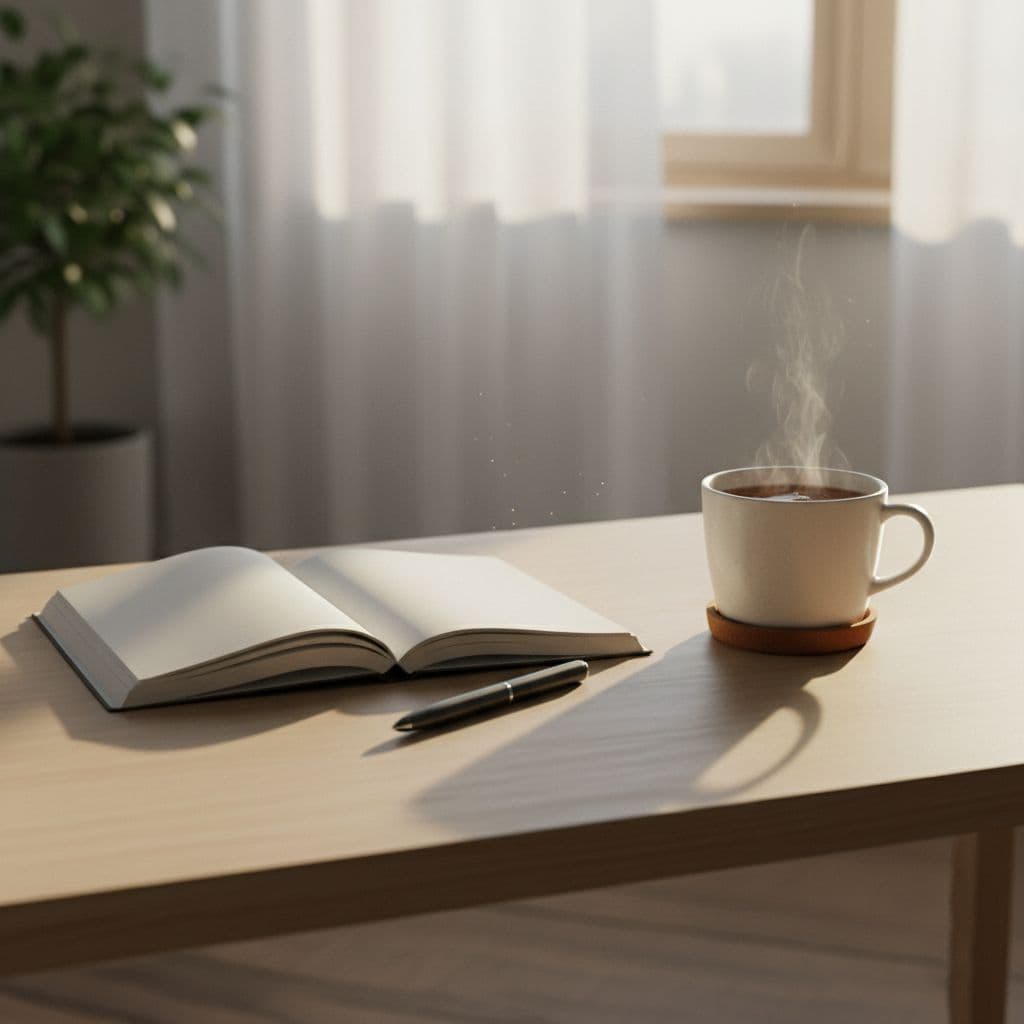 A clean wooden desk holds an open notebook, a pen, and a cup of tea in morning sunlight.