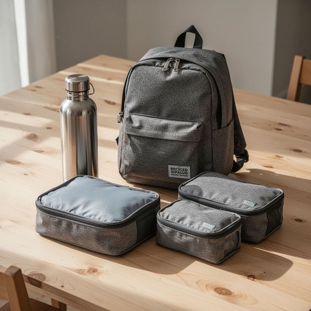 A reusable water bottle, recycled daypack, and packing cubes are arranged on a light wooden surface.
