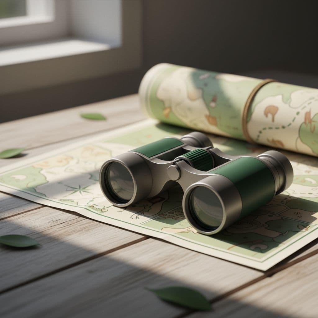Stylized binoculars and a map resting on a wooden surface in soft natural lighting.