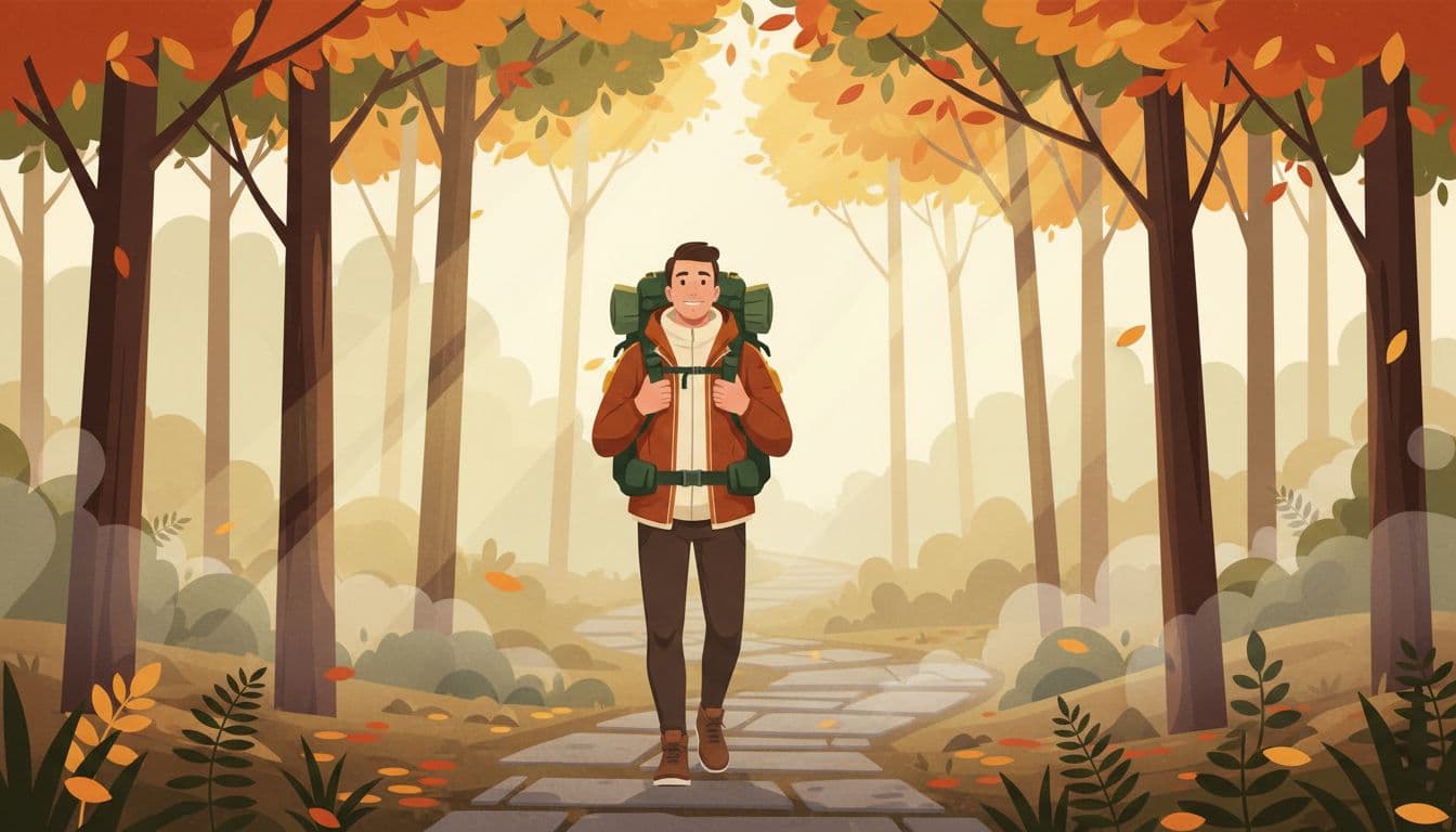 Mid-30s traveler walks misty woodland path with backpack and relaxed smile under golden sunlight through orange-green leaves.