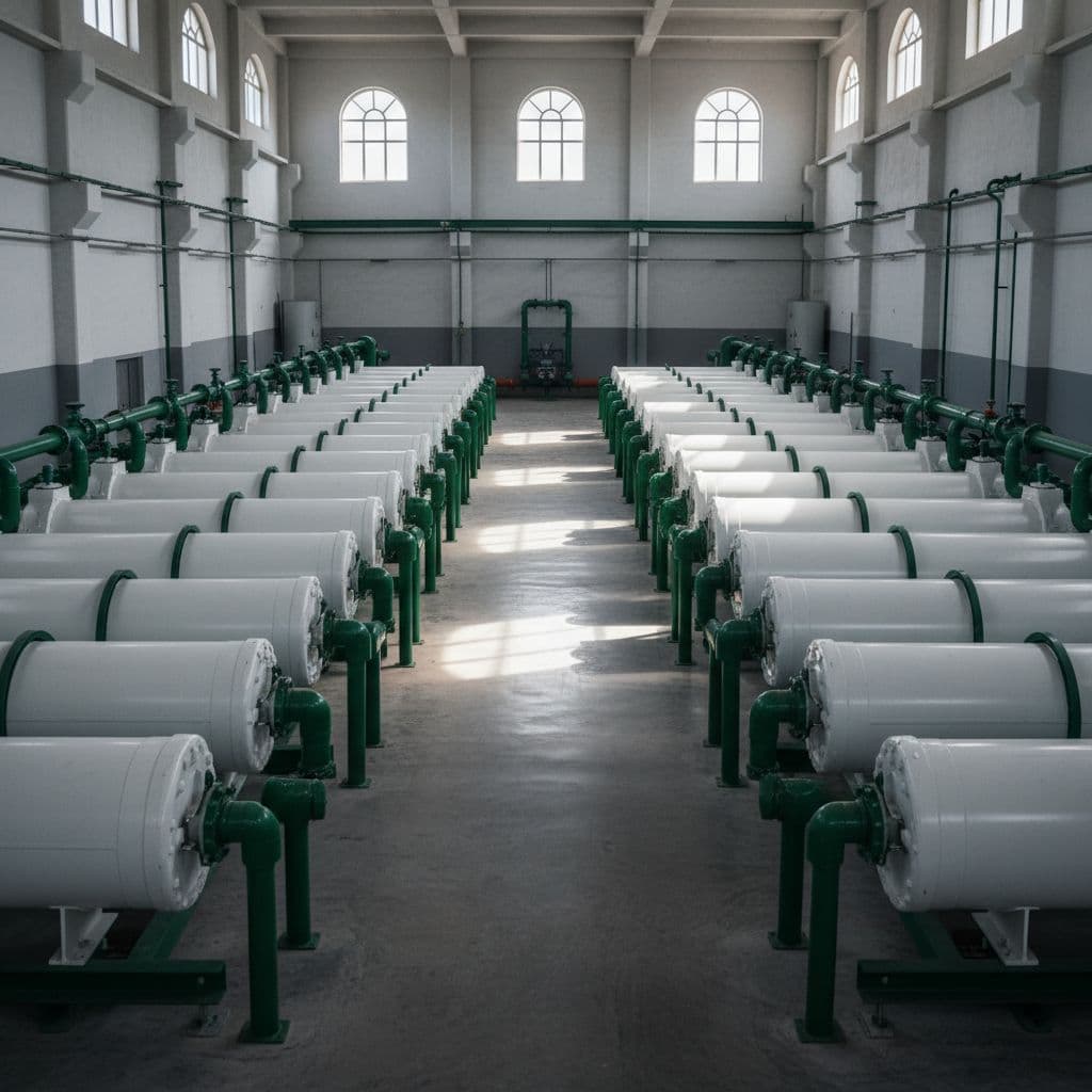 Large white reverse osmosis membranes in symmetrical array inside clean modern water treatment facility with soft natural light from high windows.