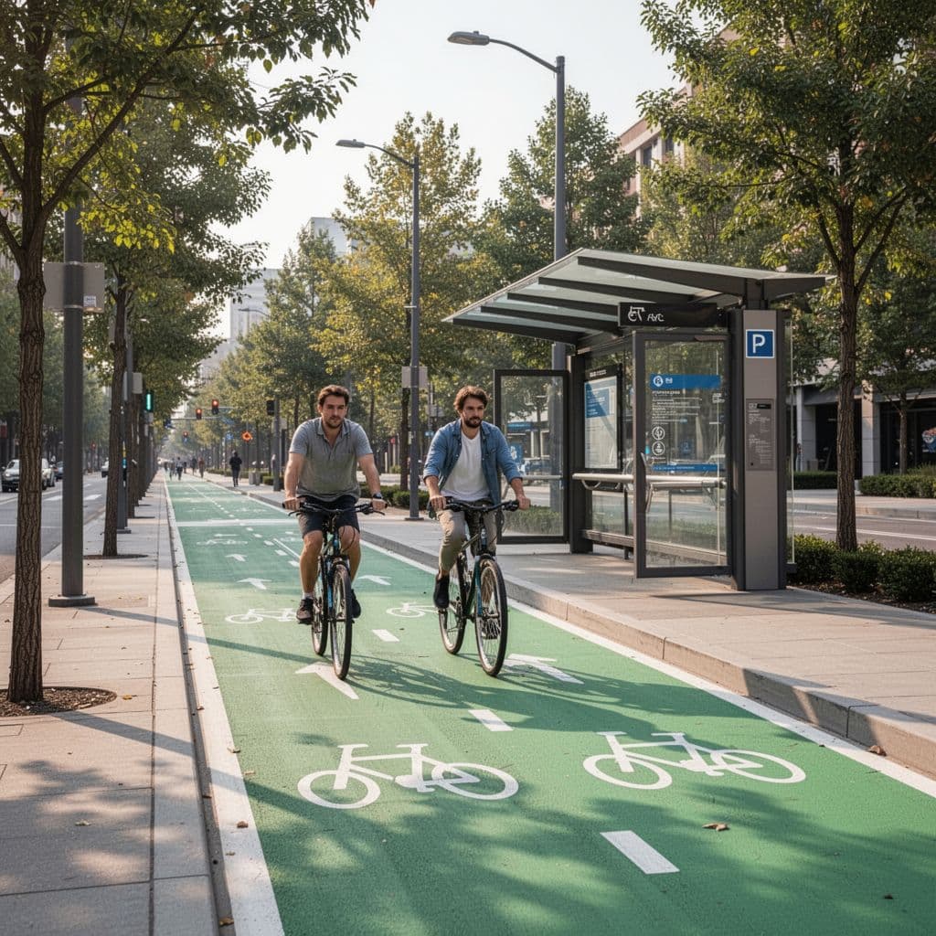 An eco-friendly urban street features a dedicated bike lane and an accessible transit station.