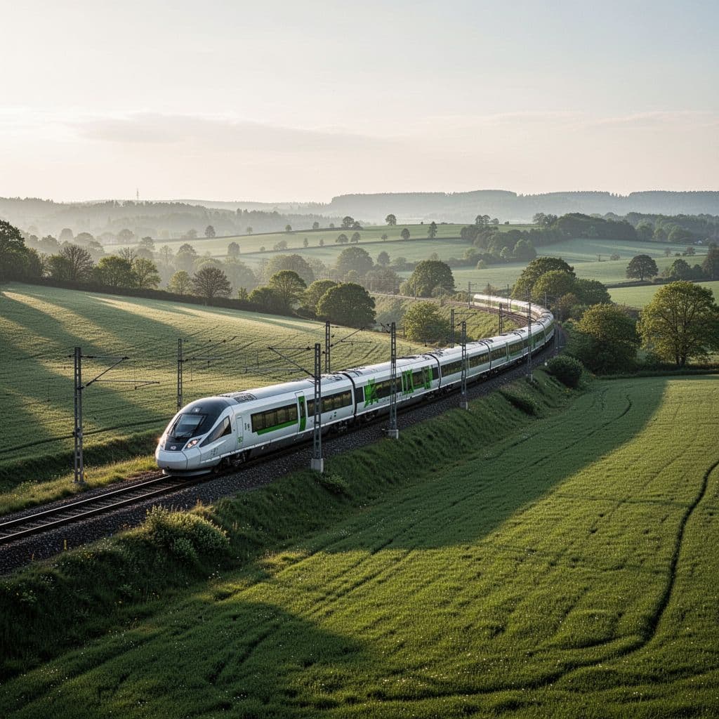 A sleek modern train travels along tracks winding through a vibrant green, hilly landscape at sunrise.