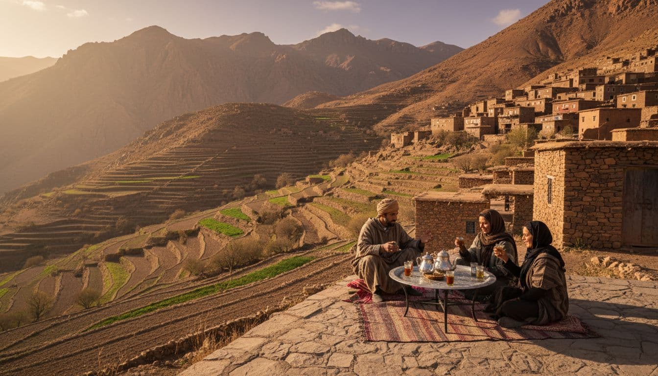 Three Berber locals in traditional clothes share tea outdoors amid stone houses and terraced fields in Moroccan mountains.