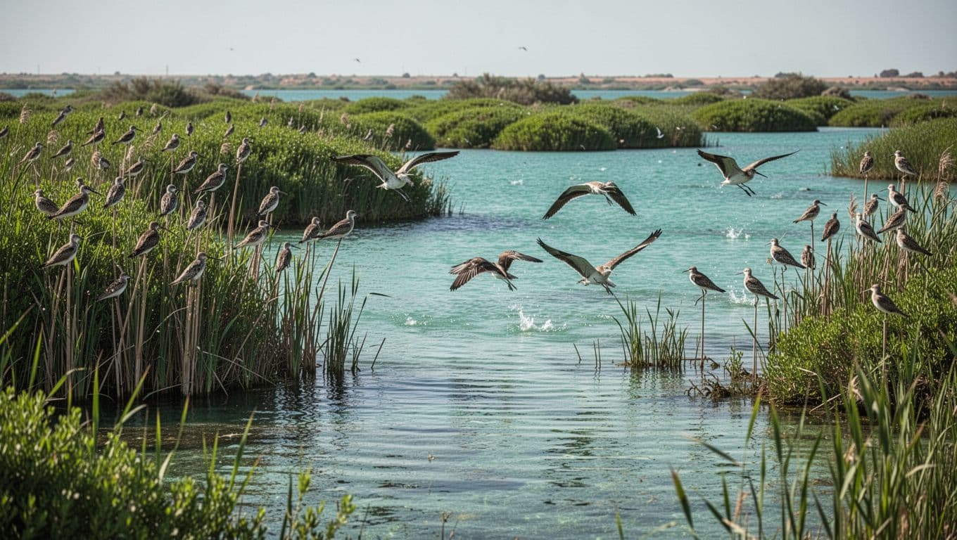 Lush coastal wetland in Morocco with diverse birds, native vegetation, and clear water.