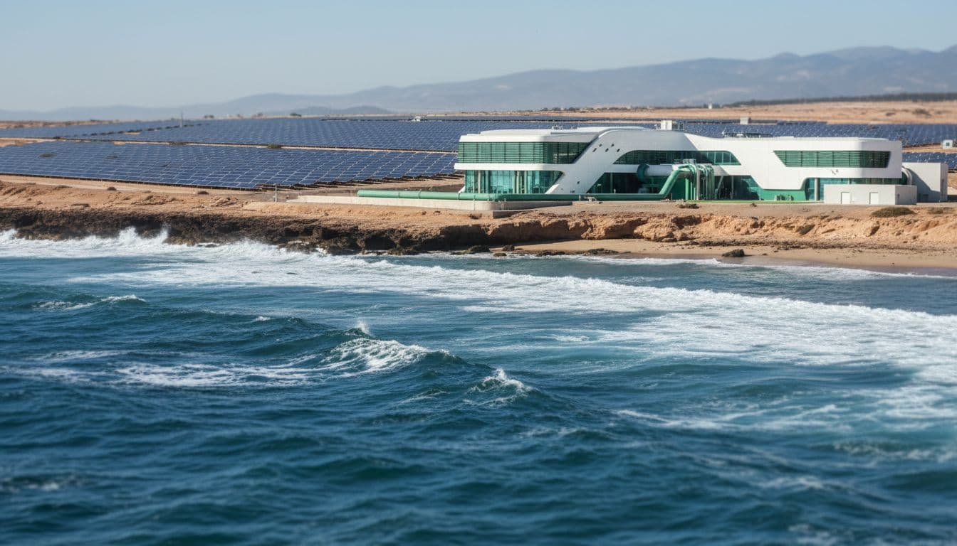 Modern desalination plant next to solar farm on Moroccan coast with foreground ocean waves and bright sun.