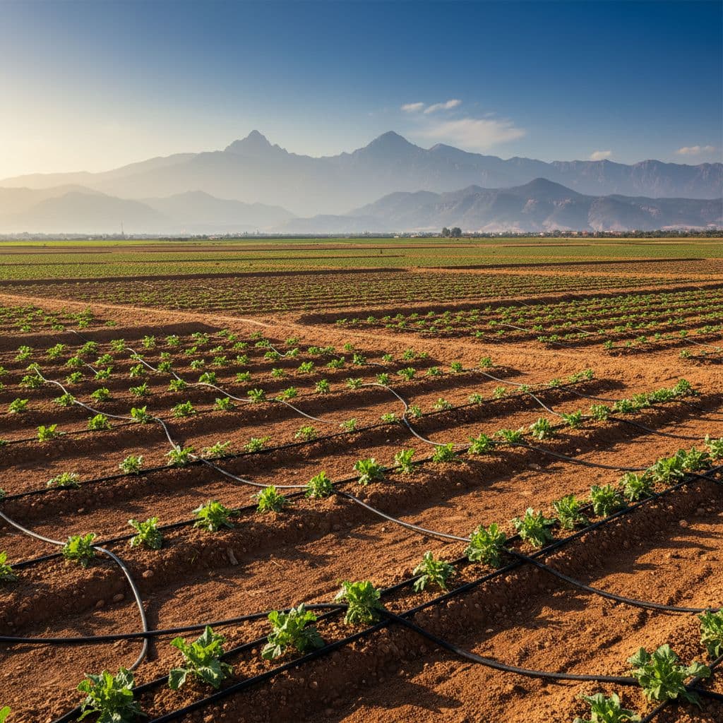 Wide view of green crops in Moroccan field with drip irrigation pipes amid arid soil and distant hazy Atlas mountains.