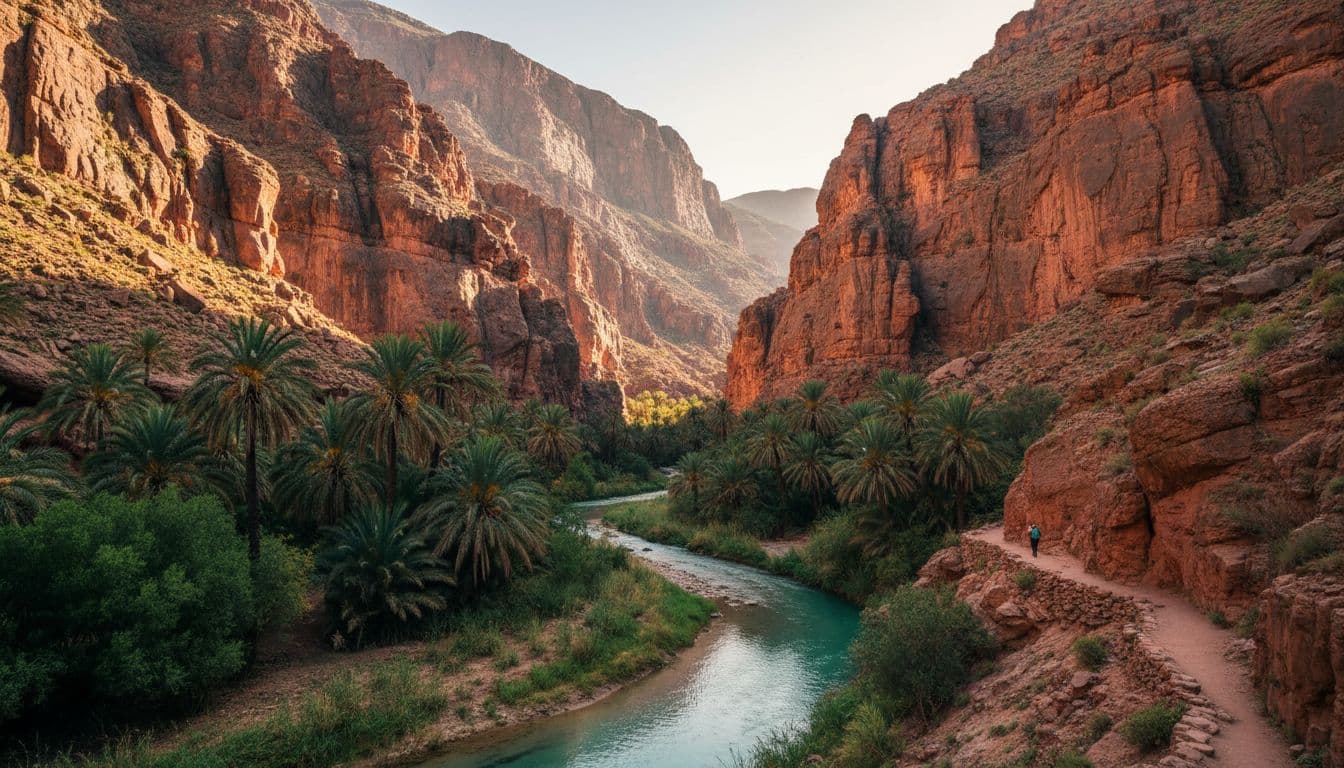 Hidden Moroccan gorge with palm trees along clear river, red rock walls in morning light shadows, lone hiker on distant trail.