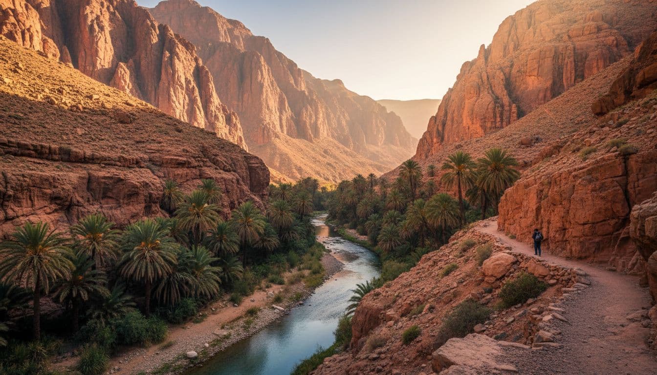 Serene Moroccan gorge with palm trees, clear river, red rock walls, golden hour shadows, and one distant hiker on trail.