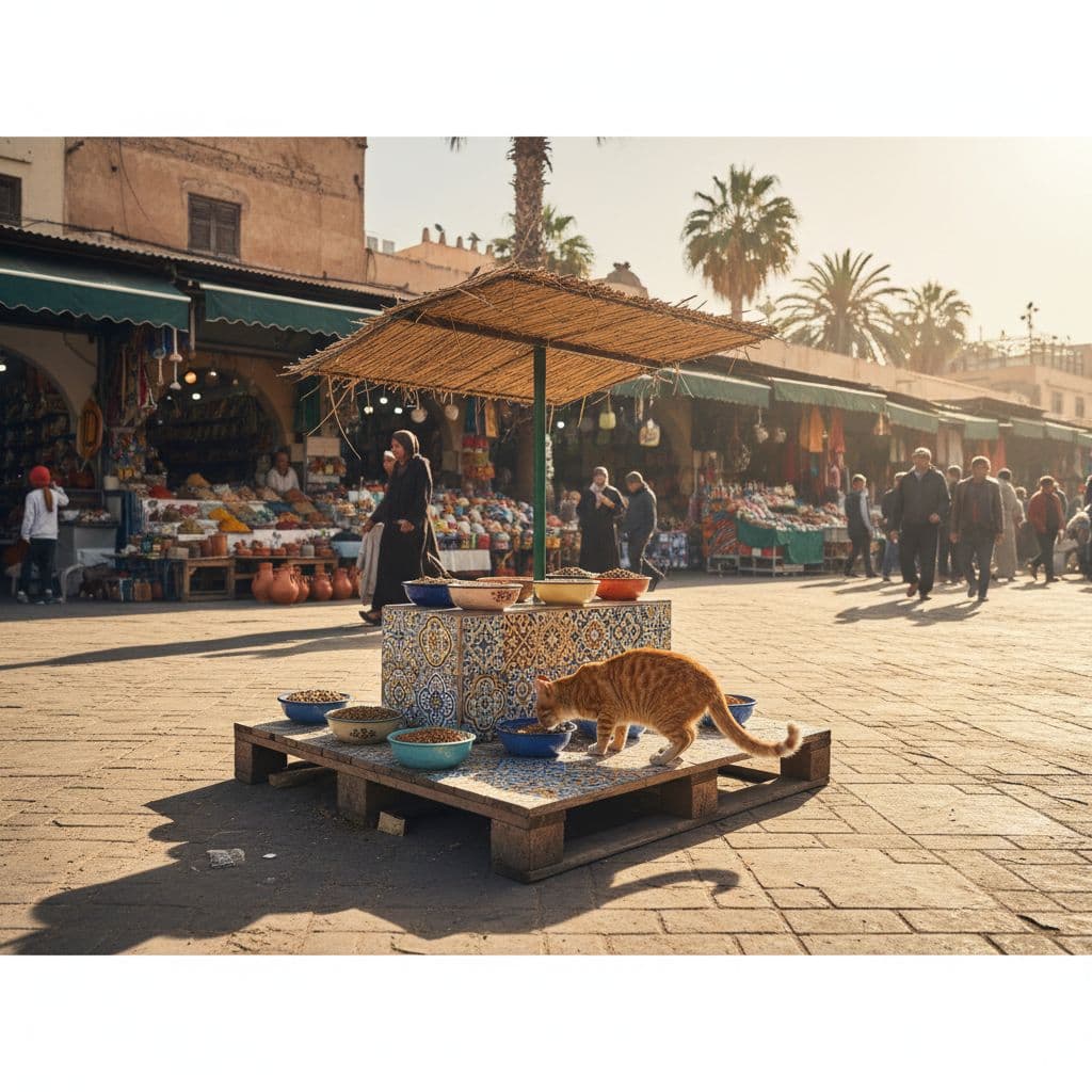 Healthy cat eats from bowl at clean feeding station in sunny Moroccan market square.