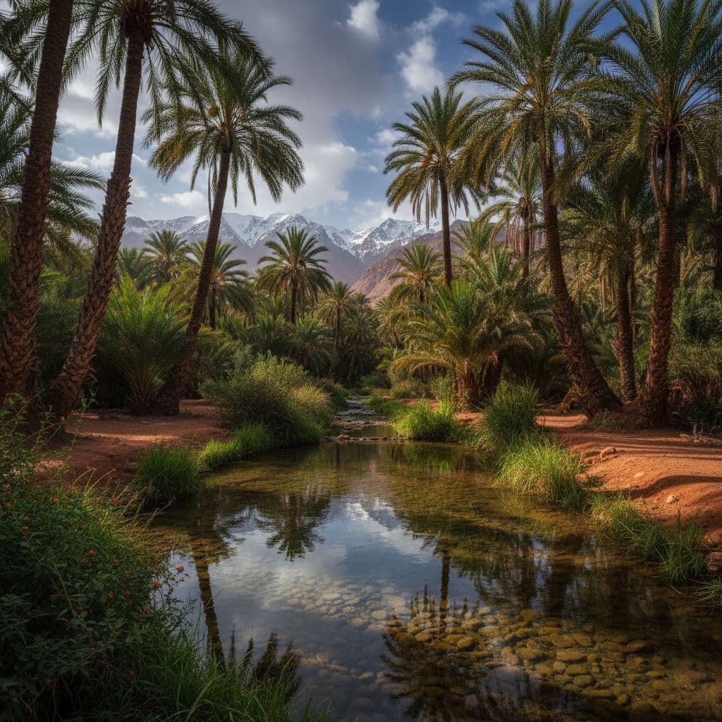 Clear pool in palm oasis foreground with distant Atlas mountains.