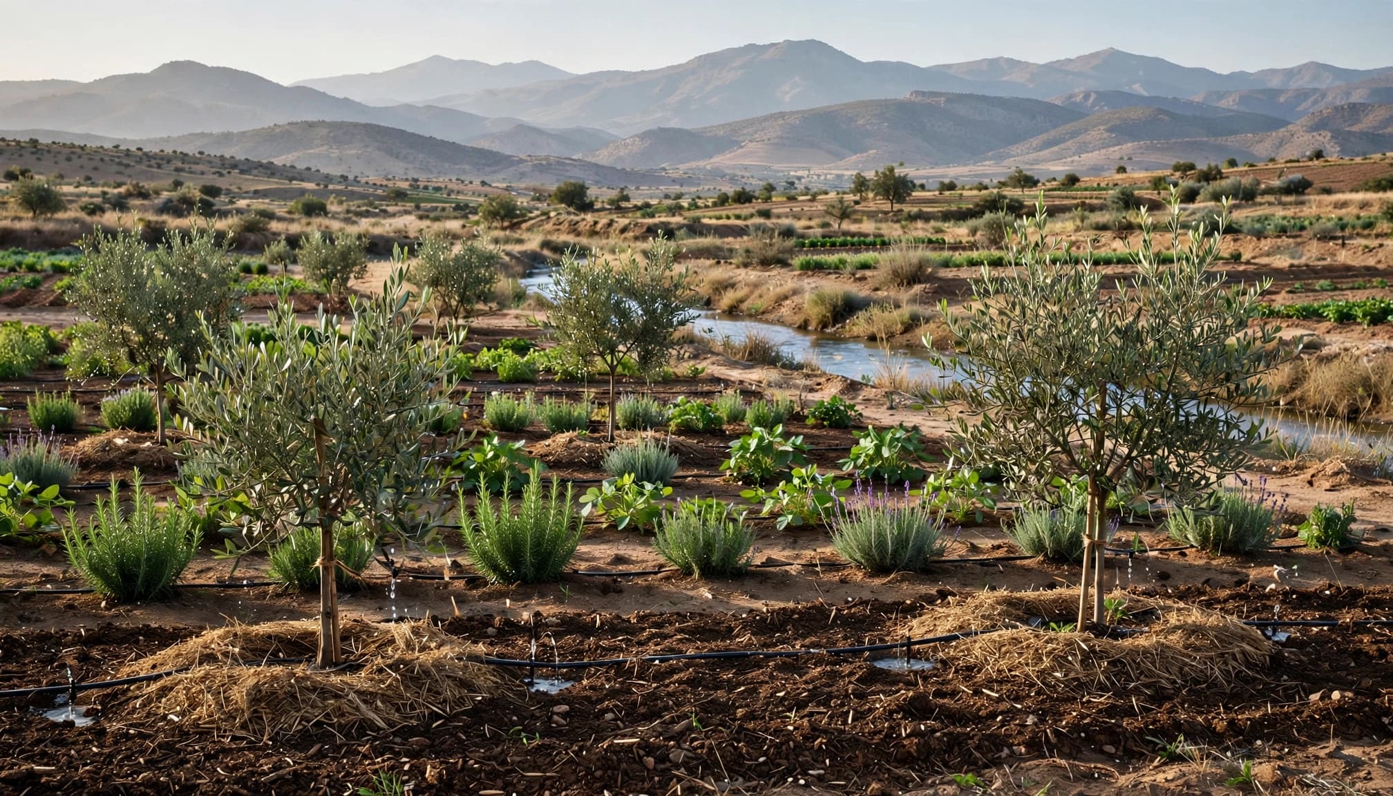 Young olive trees and green crops grow in mulched soil beneath distant Atlas foothills.