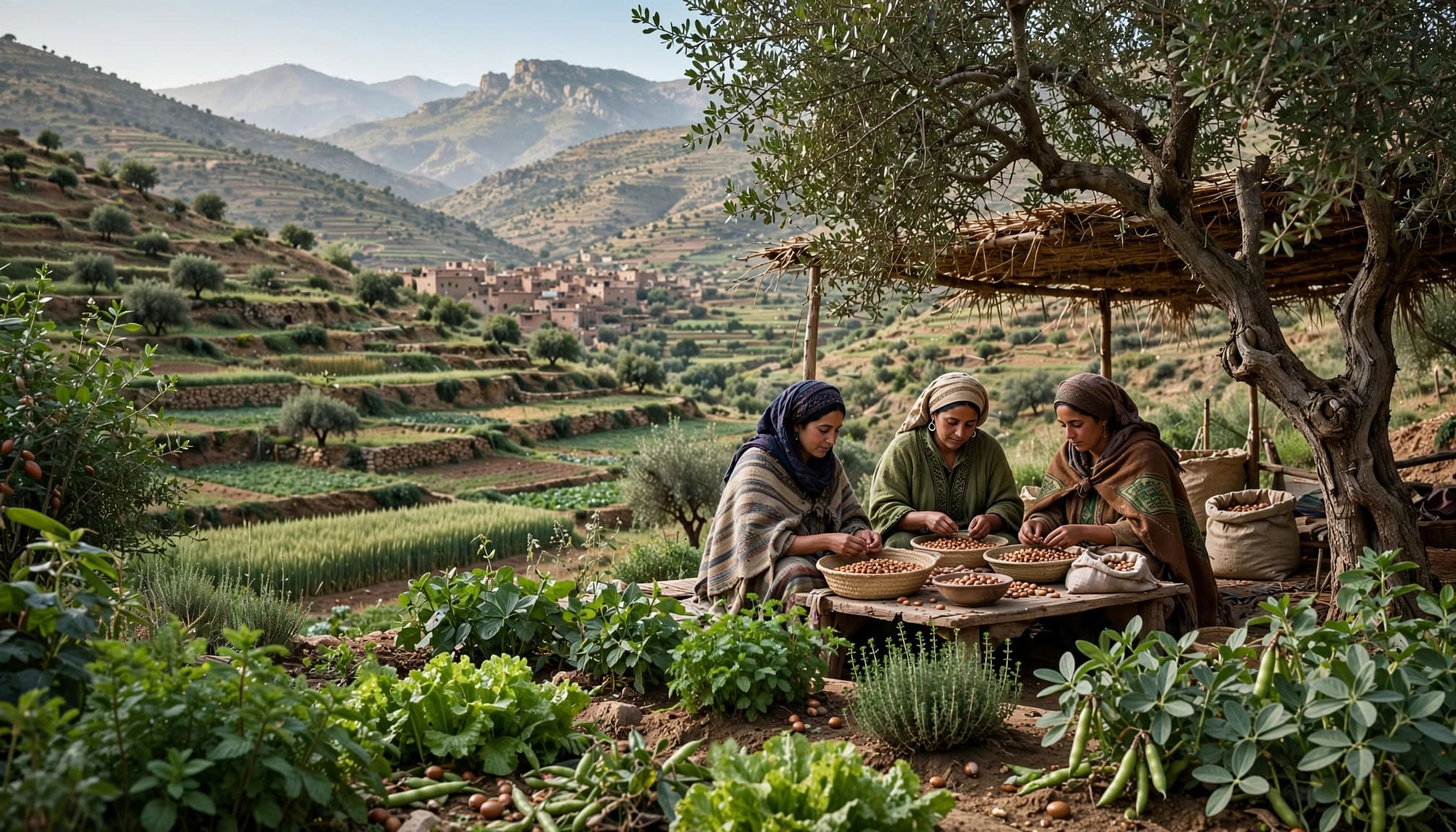 Three women sort argan kernels beside terraced fields and an argan tree in Morocco.