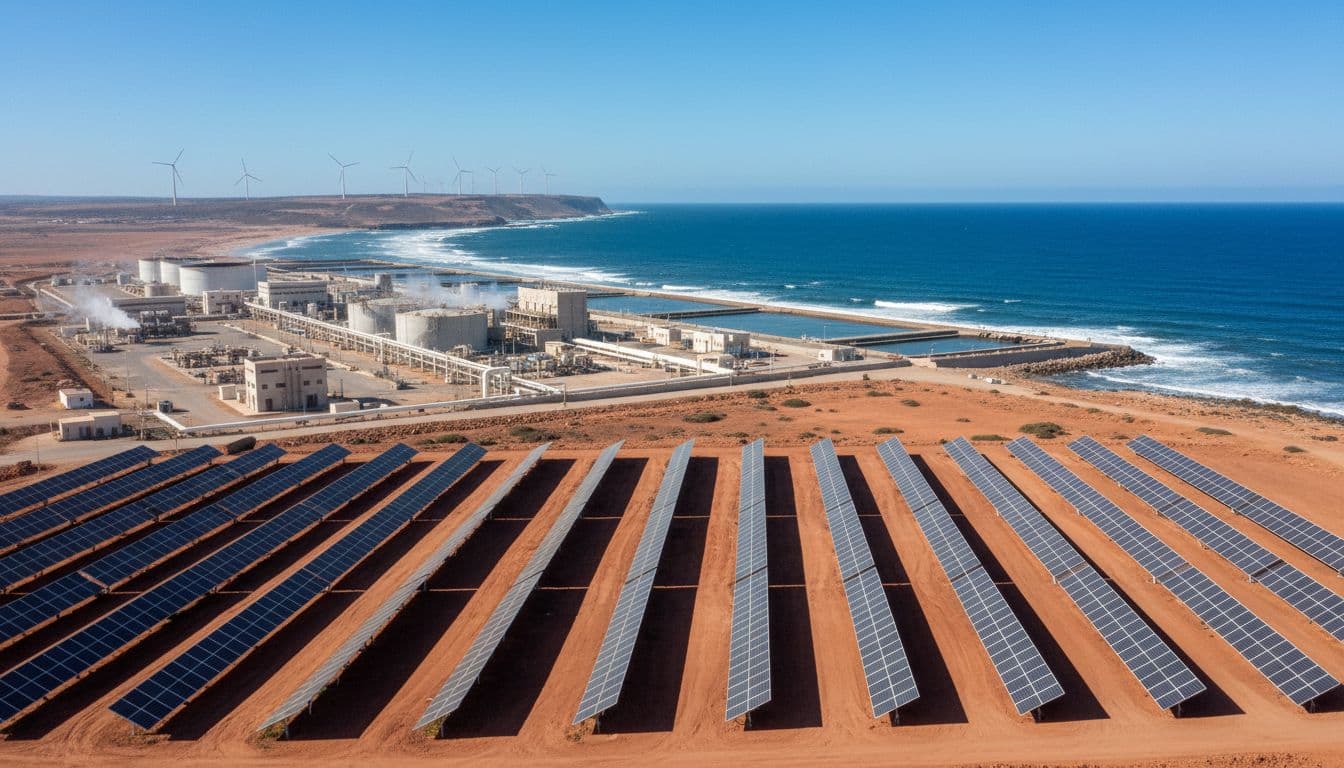 Seawater desalination plant on sunny Moroccan coast with foreground solar panels and ridge wind turbines.