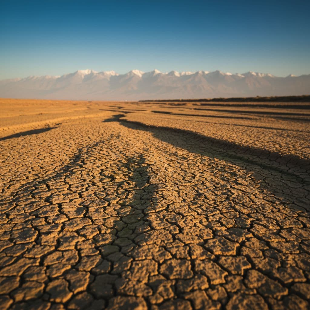 Cracked dry riverbed in golden arid landscape with distant Atlas mountains under blue sky.