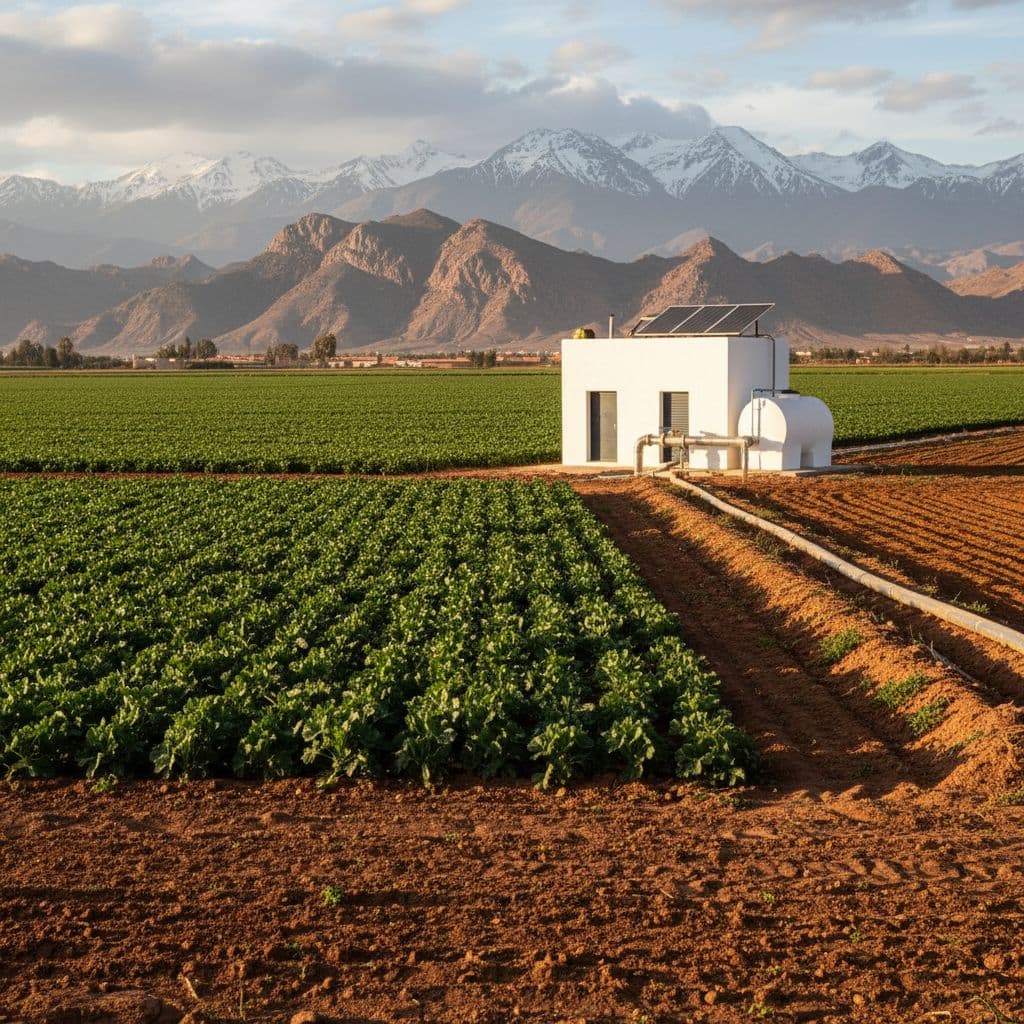 Lush green farm field in rural Morocco next to modern water distribution station, Atlas Mountains in background.