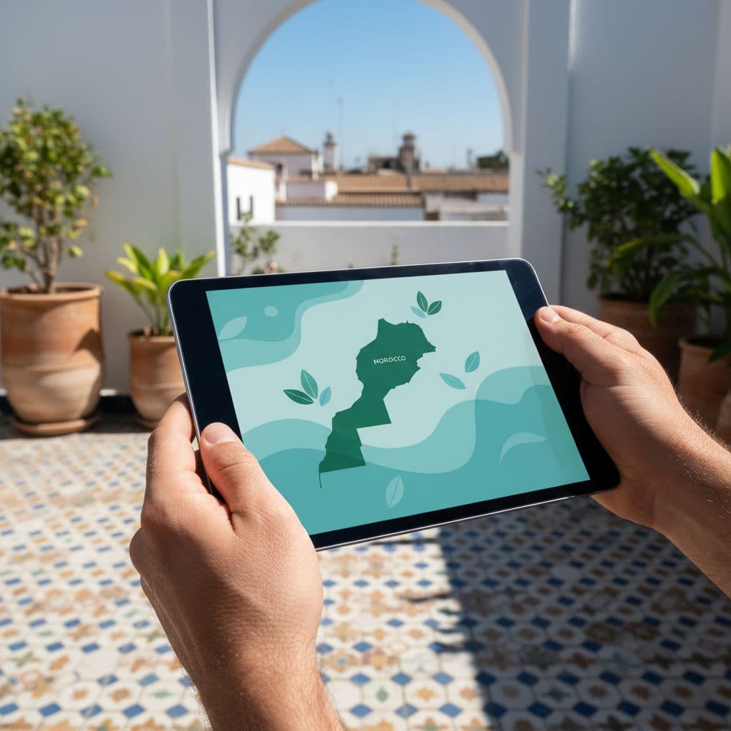 Hands hold tablet displaying calm water conservation infographic on sunlit Moroccan terrace with tile work.
