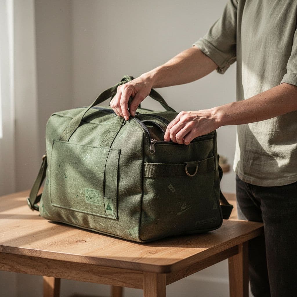 A person zips up a high-quality recycled fabric travel bag in a bright, minimalist setting.