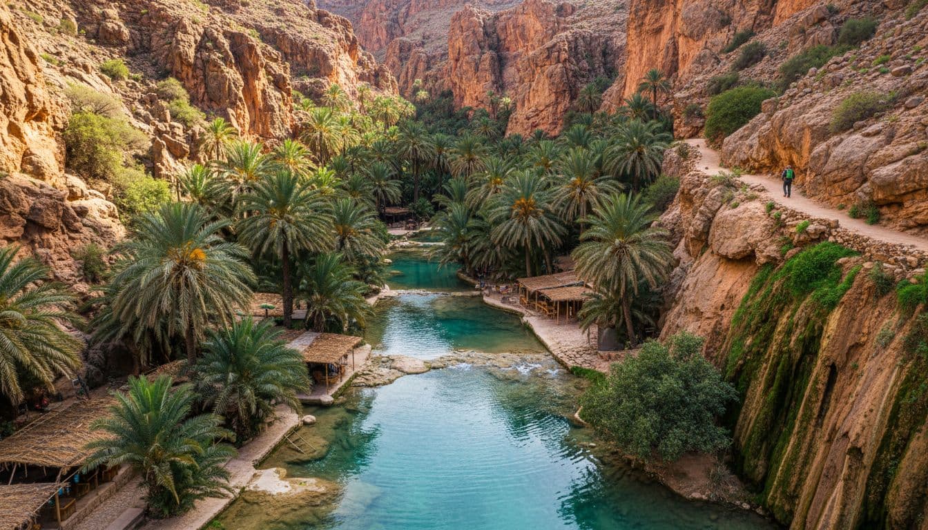 Palm-lined canyon with turquoise pools, dramatic rock walls, cafes under palms, and distant hiker.