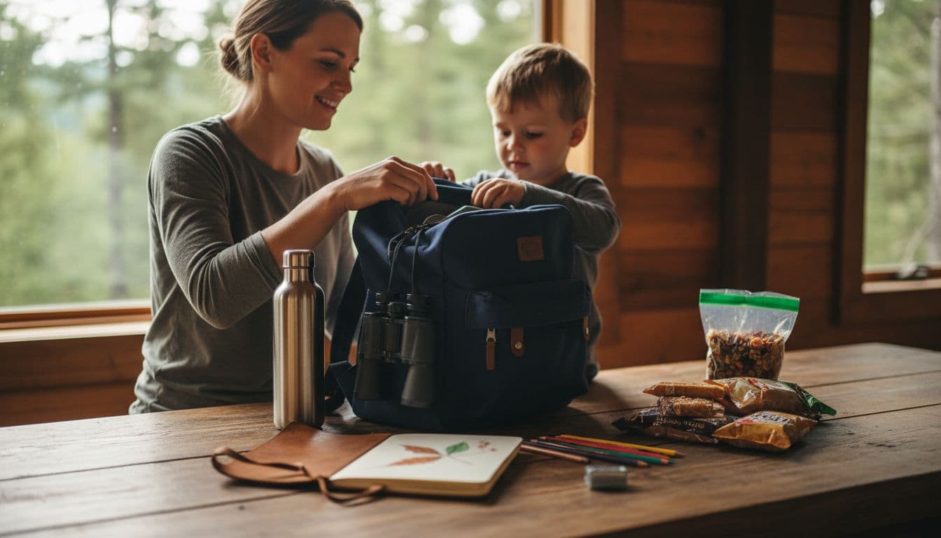 Parent and child pack backpack with field journal, pencils, binoculars, water bottle, and snacks on wooden table.