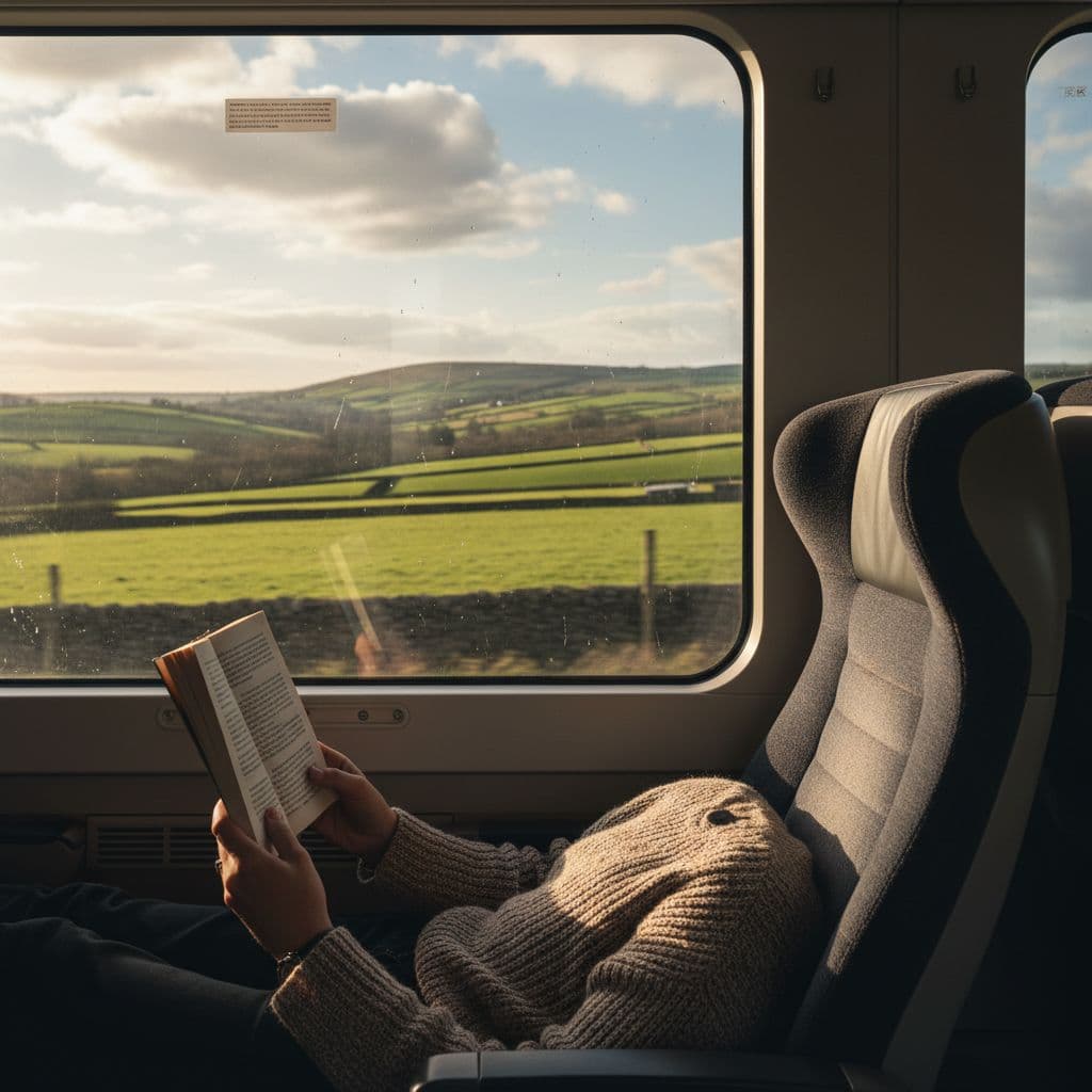 A passenger reads a book in a modern train seat beside a window overlooking green countryside.