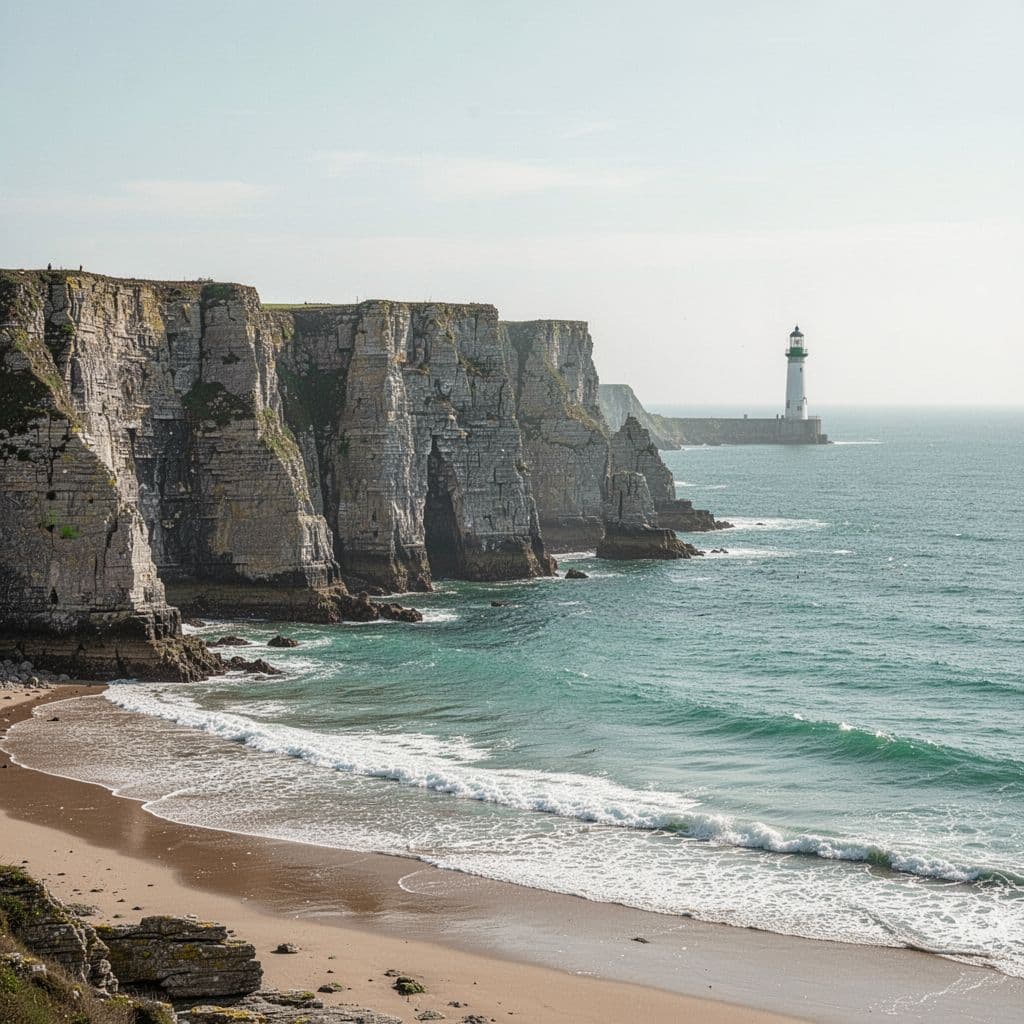Dramatic limestone cliffs rise above turquoise coastal waters with a distant lighthouse visible under soft light.